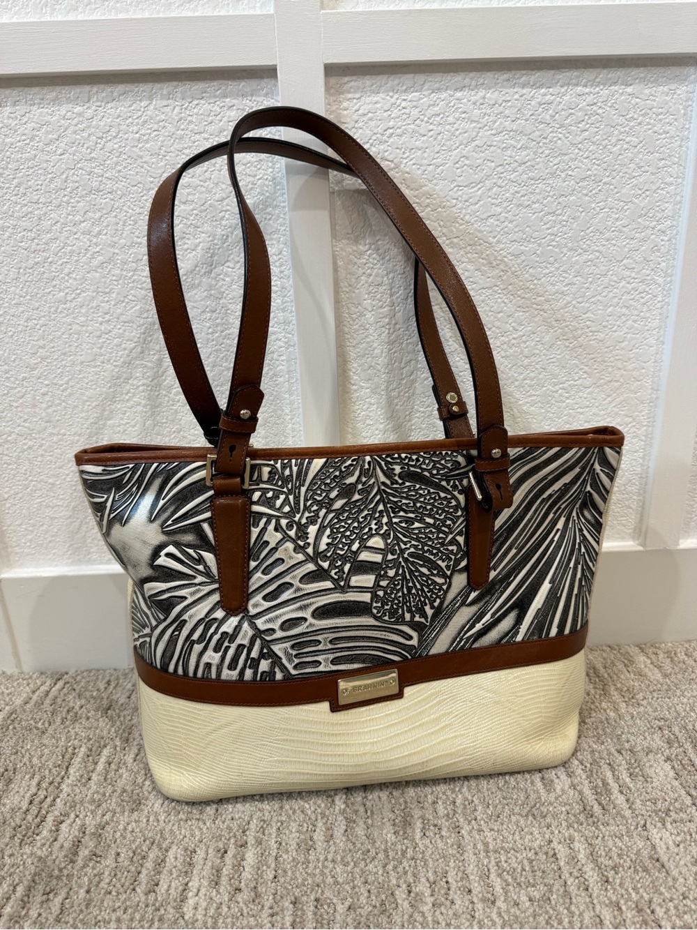 Brahmin Brown & Cream Leaf-Print Anytime Tote Bag